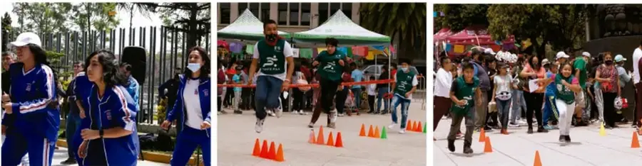 Tres fotografías de la sección 'Actividad física en los juegos' que muestran a estudiantes y participantes realizando juegos con conos, cuerda y balones en espacios abiertos.