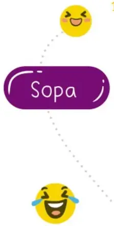 Etiqueta morada con la palabra Sopa y caritas sonrientes.