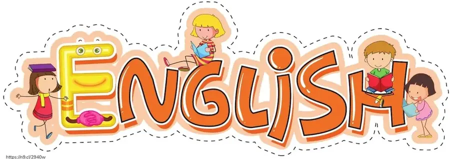 Sticker decorativo con la palabra 'ENGLISH' en letras grandes y niños alrededor.