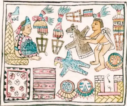 Códice ilustrado con figuras indígenas: un personaje sentado con esclavas de cuentas, mantas, plumas y otro personaje con un animal, escena de intercambio comercial.
