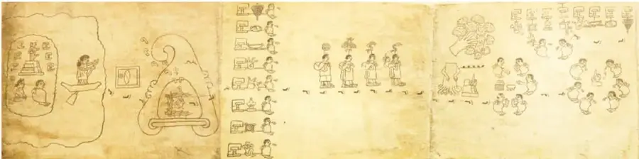 Códice tipo tira sobre papel antiguo, con escenas trazadas a tinta de personajes, un templo y glifos.