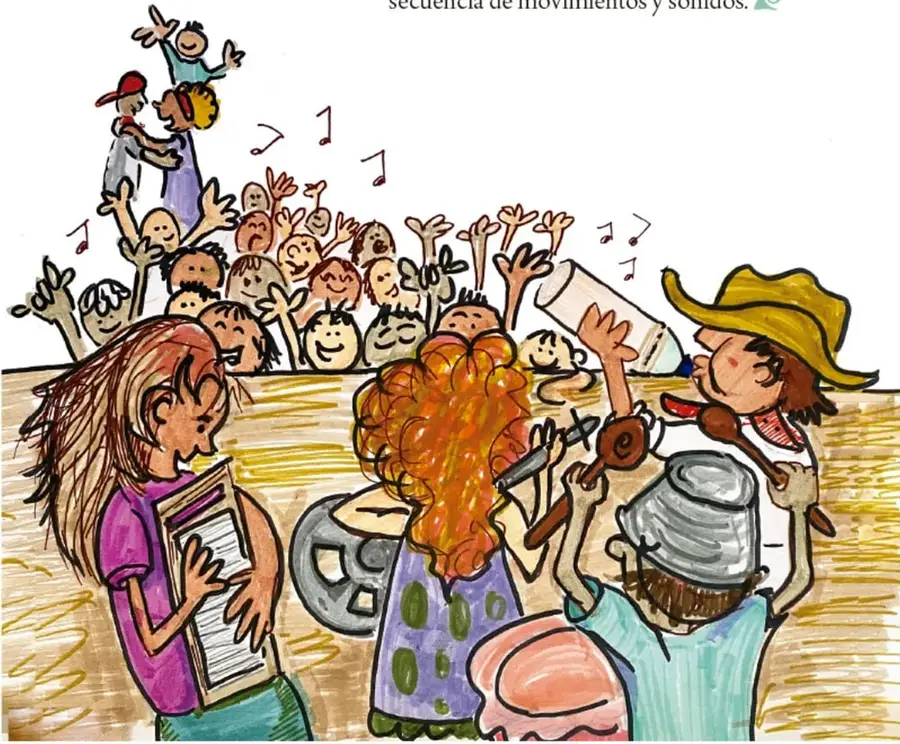 Ilustración colorida de un grupo numeroso de niños y niñas celebrando y tocando instrumentos musicales (violín, tambor, flauta) entre notas musicales; una niña sostiene un cuaderno y un niño con sombrero dirige al grupo. Al pie: 'Claudia Lucía Bautista Parra, JALISCO'.