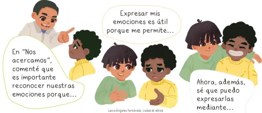 Grupo de niños conversando: un niño señala mientras otro escucha serio; dos niños hablan con las manos al pecho; dos niños se abrazan sonriendo. Globos de diálogo manuscritos con las tres frases incompletas.