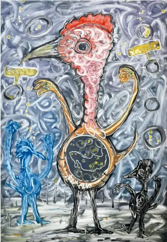Pintura 'Se tragó el mundo': un ser con cabeza roja, pico de ave y cuerpo redondo con un círculo oscuro en la panza, fondo gris con formas y figuras azules y negras.