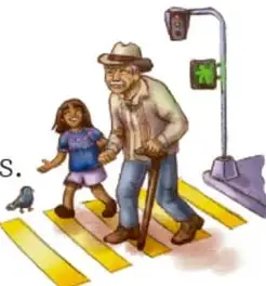 Ilustración de un adulto mayor y una niña cruzando un paso de peatones junto a una farola.