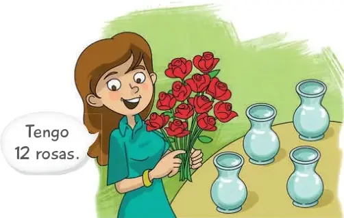 Niña con un ramo de rosas rojas; globo de diálogo: «Tengo 12 rosas». A su derecha, cuatro floreros de vidrio vacíos sobre una mesa.