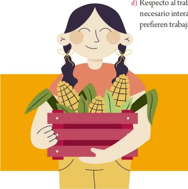Ilustración de una niña con trenzas sosteniendo una caja roja con mazorcas de maíz, sobre fondo amarillo.