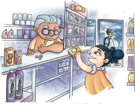 Ilustración de una tienda con un señor detrás del mostrador y una niña (Citlali) comprando; ilustración de Lavinia Cabrera Sandoval, TABAsCd.