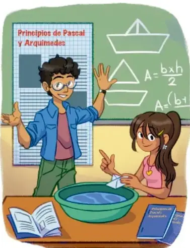 Ilustración de dos estudiantes en el aula frente a un cuadro “Principios de Pascal y Arquímedes”, con formas geométricas (triángulo y trapecio con fórmulas de área), libros y una tina con un barquito de papel. Crédito: Karla Esmeralda Mata Medina, Tamaulipas.