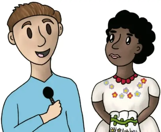 Ilustración: niño sonriente con suéter azul claro sosteniendo un micrófono entrevista a una mujer de piel morena, cabello rizado negro, collar rojo y blusa blanca bordada con flores; obra de Guillermo de Marco Rojas Palos, Jalisco.