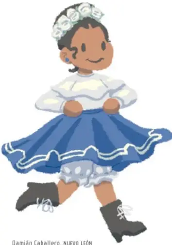 Ilustración de una niña con falda azul, blusa blanca y cabello recogido con flores, bailando; crédito: Damián Caballero, NUEVO LEÓN.