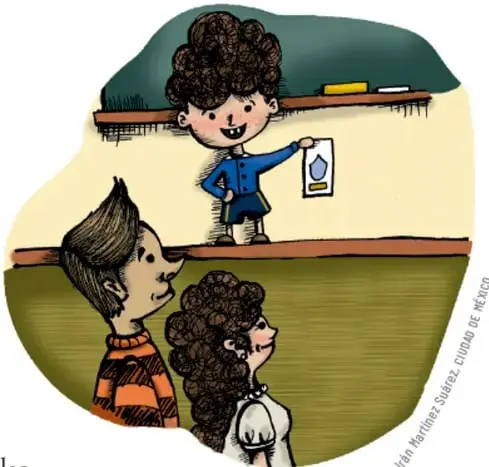 Ilustración de un niño de pie mostrando una hoja con un dibujo, mientras dos compañeros sentados lo observan y escuchan.