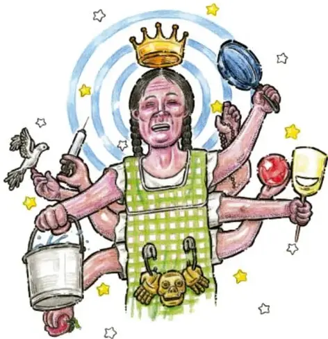 Mujer sonriente con corona y seis brazos que sostienen objetos de trabajo (cubeta, cuchara, jeringa, manzana, cucharón, llaves), rodeada de estrellas y un pájaro: representa a una persona de la comunidad que hace muchas cosas por el bien común. Ilustración de César Gustavo Ramírez Jiménez, Ciudad de México.