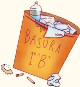 Niña separando residuos junto a botes de colores y una botella de plástico