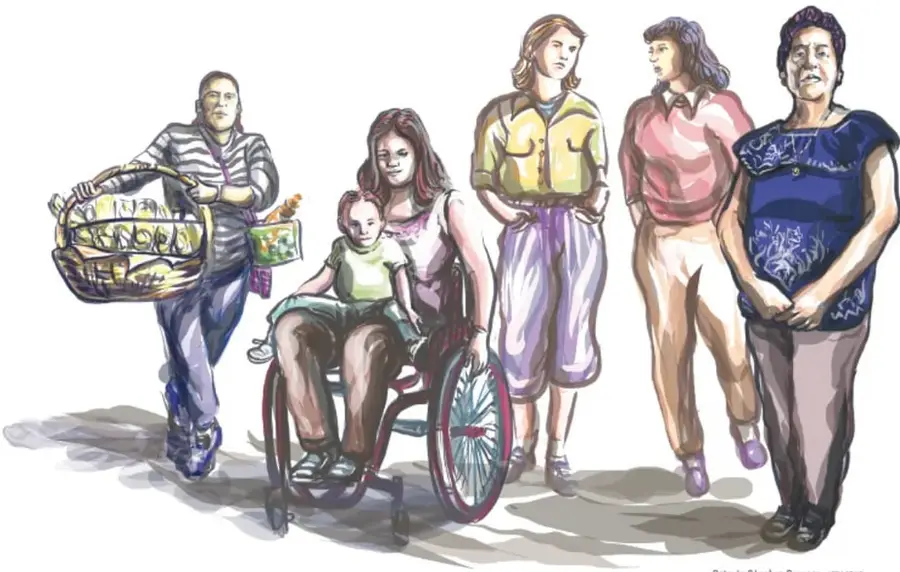 Ilustración de un grupo de mujeres diversas, una de ellas en silla de ruedas, caminando juntas. Algunas llevan pantalones y otras faldas. Representa la diversidad y la unión femenina.