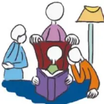 Ilustración de un grupo de personas leyendo juntas, con crédito a Julio César Banda Tecalco, Veracruz.