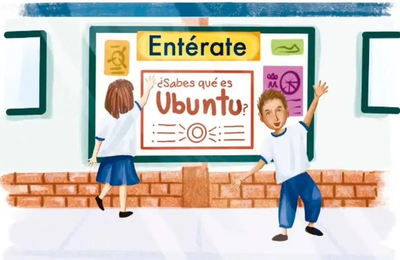 Ilustración de un periódico mural titulado "Entérate" donde dos niños pegan un cartel que pregunta "¿Sabes qué es Ubuntu?"; hay otros carteles decorativos alrededor y una banca de ladrillos. Crédito: Nidia Alejandra Hernández Hernández, Ciudad de México.