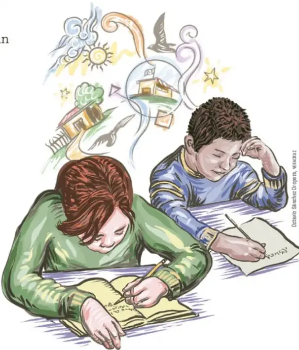 Ilustración de dos estudiantes (niña y niño) escribiendo en sus cuadernos sobre una mesa. Alrededor flotan dibujos de nubes, sol, casas, árboles, aves y símbolos, representando la imaginación y la representación de lugares.