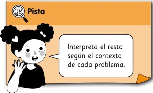 Recuadro naranja con una niña y un globo de texto que dice: 'Interpreta el resto según el contexto de cada problema.'