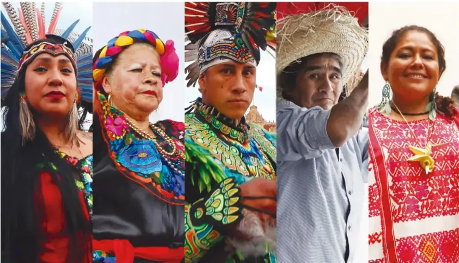 Collage de cinco fotografías de personas de distintos pueblos originarios de México: una mujer con tocado de plumas, una mujer mayor con vestimenta bordada y flores, un hombre joven con penacho y atuendo ceremonial, un hombre con sombrero de palma y una mujer con blusa bordada roja y collar.