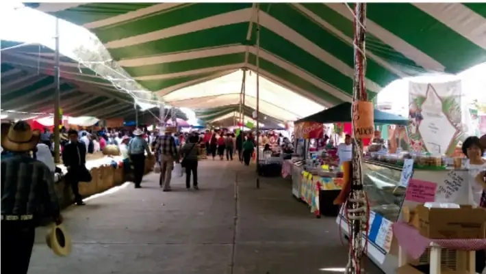 Fotografía de un mercado o tianguis con puestos, personas caminando y lonas verdes y blancas.