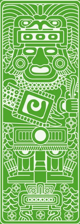 Ilustración vectorial verde de una figura estilizada de estilo mesoamericano (máscara, atavío y elementos simbólicos) que representa el patrimonio cultural indígena.