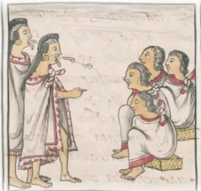 Otra lámina de códice: persona de pie con manta blanca y adorno de labio que habla con un glifo de voluta a varios hombres arrodillados sobre petates.