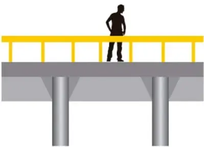 Ilustración de un hombre de pie sobre un puente con tablero gris, barandillas amarillas y dos columnas de soporte.