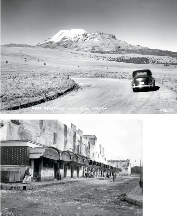 Fotografía antigua en blanco y negro de una carretera de terracería con un automóvil antiguo; al fondo un volcán nevado. Lleva al pie la inscripción «Carretera, Pico de... México» con el número de serie y la firma del fotógrafo, parcialmente legibles.