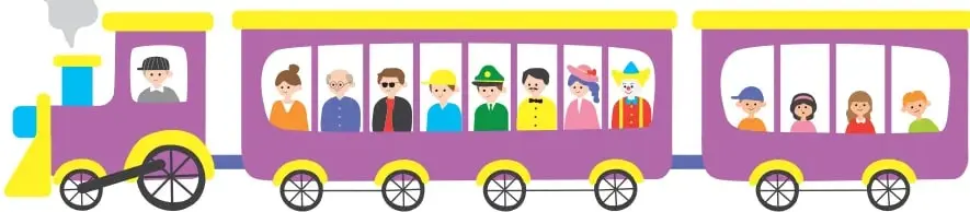 Tren infantil con locomotora (maquinista con gorro) y dos vagones morados con techo amarillo. El primer vagón lleva 8 pasajeros adultos (entre ellos un caballero con gorro verde en la cuarta ventana y un payaso). El segundo vagón lleva 4 niños.