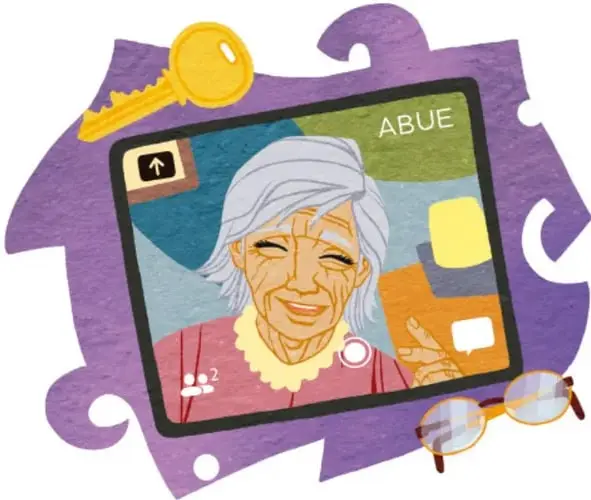 Tableta con videollamada de la abuelita (etiquetada 'ABUE'), una llave amarilla y unos lentes sobre fondo morado con forma de pieza de rompecabezas.