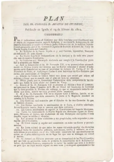 Imagen histórica del documento 'Plan de Iguala' publicado en Iguala el 24 de febrero de 1821.