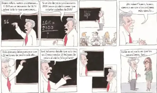 Historieta cómica titulada 'Las aventuras del profe Santos', con viñetas de un profesor en el salón de clases explicando fracciones y porcentajes a sus alumnos.