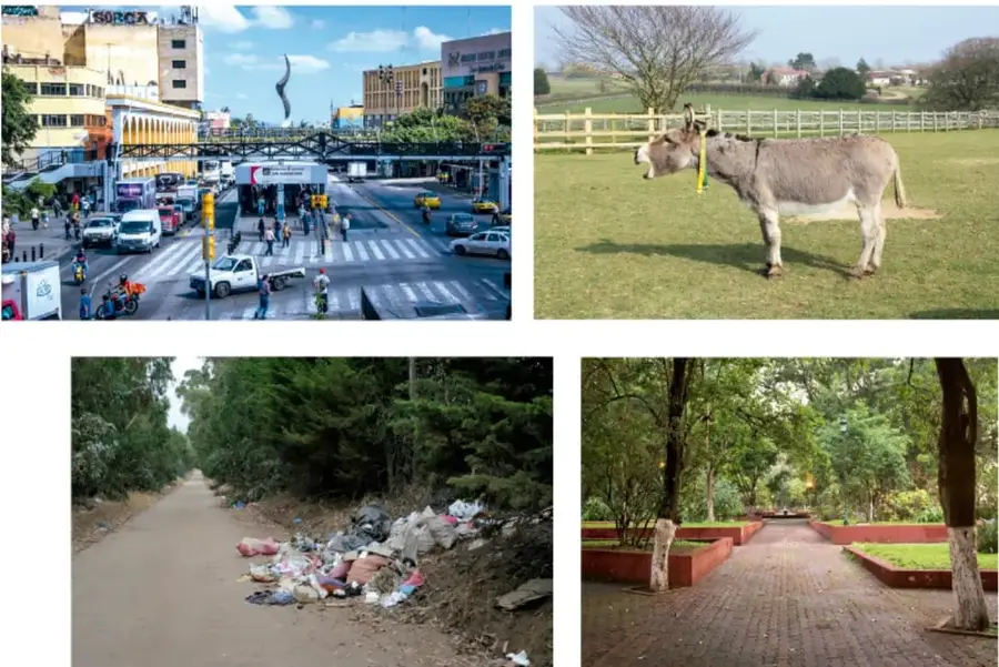 Avenida urbana con tráfico, comercios, cruce peatonal, motocicletas y una escultura al fondo.