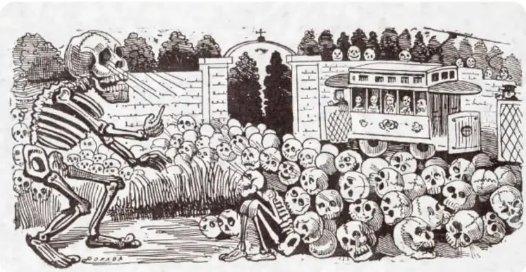 Grabado de dos esqueletos conversando frente a un panteón, con una multitud enorme de calaveras y un tranvía al fondo.