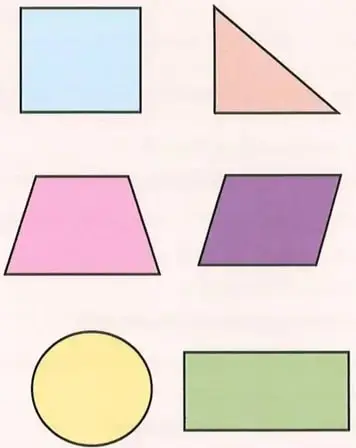 Seis figuras geométricas coloreadas: cuadriláteros, triángulo rectángulo y círculo, para construir figuras semejantes.
