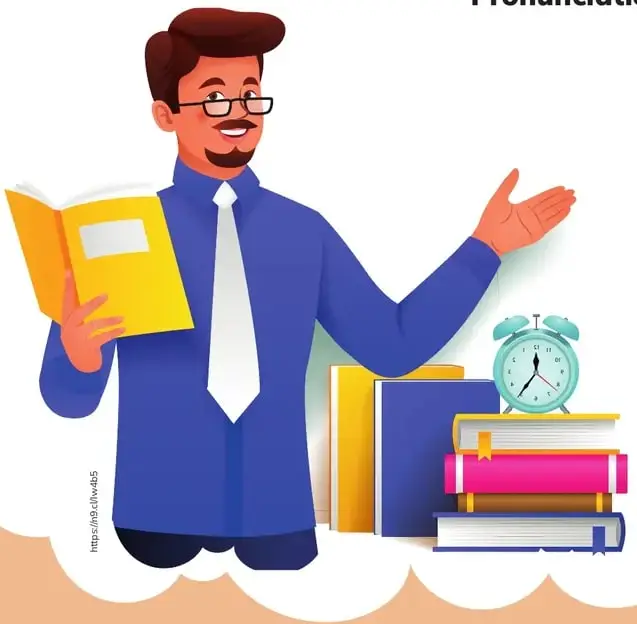 Ilustración de un docente con anteojos y corbata sosteniendo un libro abierto; junto a él, una pila de libros de colores con un reloj despertador encima.