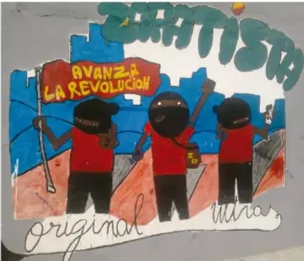 Ilustración de tres personas con pasamontañas y camisetas rojas sosteniendo un cartel que dice 'AVANZA LA REVOLUCIÓN', con la palabra 'EZLN' en la parte superior y 'original' escrito a mano en la parte inferior.