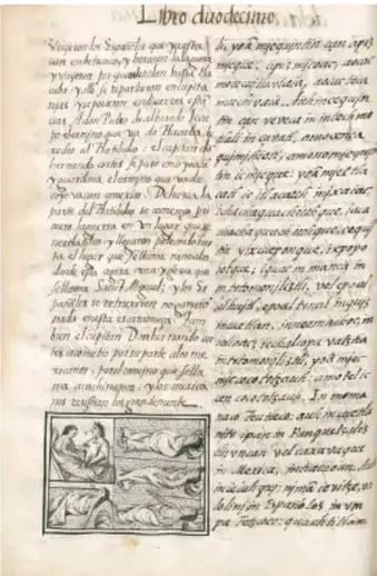 Reproducción de una página de un códice colonial con texto en escritura antigua y una pequeña ilustración.