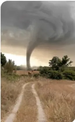 Fotografía de un tornado (remolino) que desciende de una nube de tormenta sobre un camino de campo, ilustrando un fenómeno natural atmosférico.