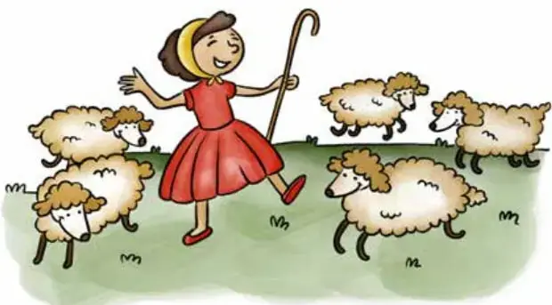 Ilustración de una niña con vestido rojo y sombrero, sosteniendo un bastón de pastora, rodeada de cinco ovejas blancas en un prado verde.