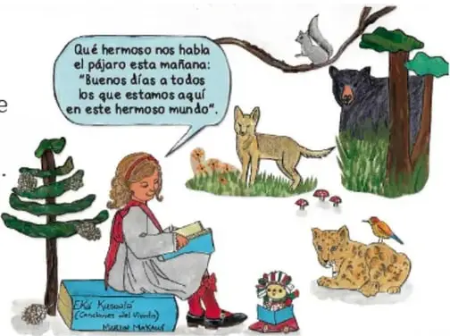 Ilustración de una niña leyendo sentada en la naturaleza entre animales (gato, liebre, oso, pájaro, ardilla), con globo de diálogo: 'Qué hermoso nos habla el pájaro esta mañana: ¡Buenos días a todos los que estamos aquí en este hermoso mundo!'. Crédito: Lola Pelayo, JALISCO.