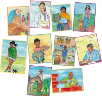 Collage de fotografías de personas en sus oficios: doctora, panadero, comerciante, campesina, futbolista, artesana, tienda, maestro, ganadero y albañil. Crédito: Lola Pelayo, Jalisco.