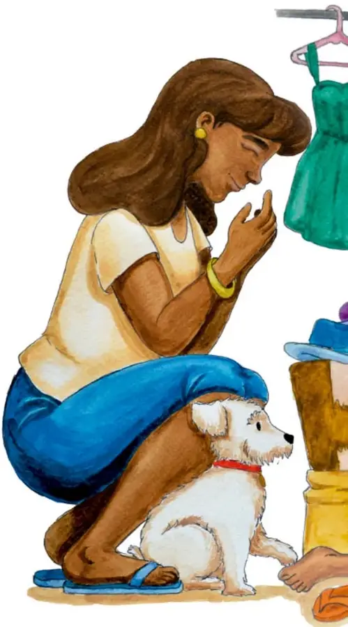 Ilustración de la misma niña agachada dentro de un clóset, con las manos juntas cerca del rostro; a su lado está el perrito blanco con collar rojo y se observan prendas colgadas, como un vestido verde y un sombrero.