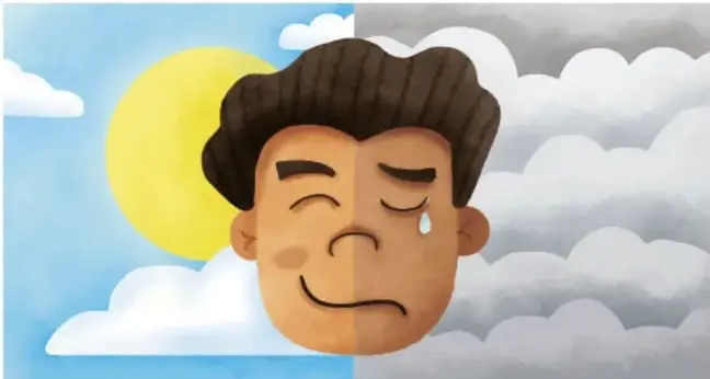 Ilustración de un rostro dividido: un lado con sol y expresión serena, el otro con nubes grises y una lágrima.