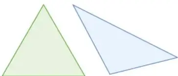 Cuatro triángulos de colores (verde, azul, naranja y amarillo) de distintas formas y tamaños