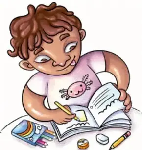 Ilustración de una niña sentada escribiendo en un cuaderno con lápices y materiales escolares; crédito: Lavinia Cabrera Sandoval, TABASCO.