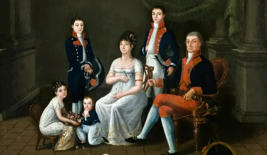 Retrato pintado de la familia del virrey José de Iturrigaray (1805): el virrey sentado a la derecha con uniforme y calzas rojas, su esposa en el centro con vestido blanco, cuatro hijos (dos jóvenes de uniforme, una niña y un niño pequeño) en un interior palaciego con piso de baldosas y columnas.