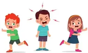 Ilustración de tres niños con expresiones de enojo, uno con rayos rojos saliendo de la cabeza (Anger).