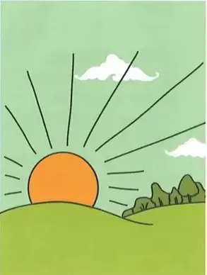 Tres ilustraciones muestran el recorrido aparente del Sol: su salida por el este, su posición elevada al mediodía y su ocultamiento por el oeste durante la tarde.